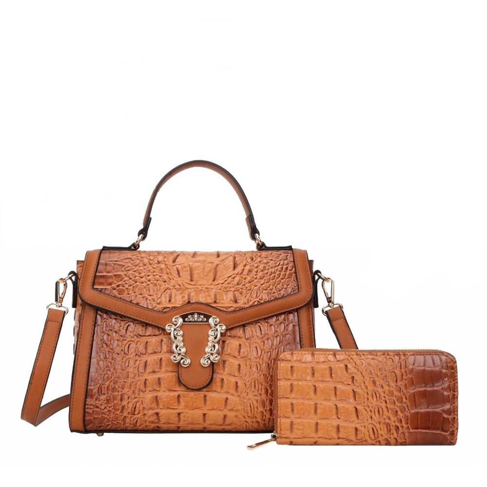 NEW AMERICAN BEE women's crocodile buckeled satchel set in brown